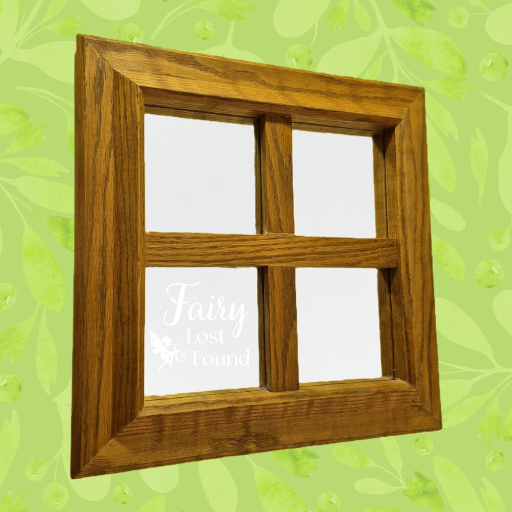 Vintage Solid Oak Square Wall Mirror 15" x 15" with 4 Window Panes